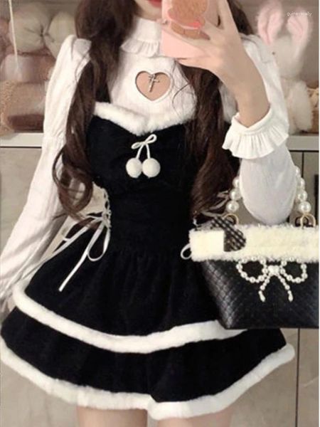 Arbeitskleider Kawaii Japanisches Süßes Trägerkleid Anzug Frauen Warm Lolita Koreanisch Zweiteiliges Set Weiblich Elegant Niedlich Blusen Party Mini