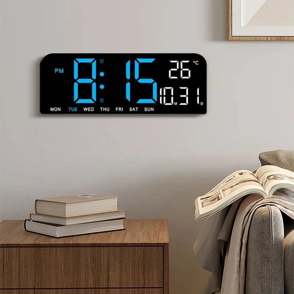 9 Zoll große digitale Wanduhr Temperatur Datum Woche Timing Countdown Lichtsensor Tabelle 2 Alarm 1224H LED 240320