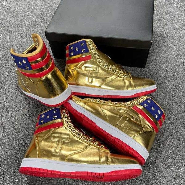 Com Box T Trump Basketball Sapatos casuais O designer de rendição de altos tops 1 TS executando homens de ouro personalizados, tênis ao ar livre com conforto esportivo de laço moderno ao ar livre