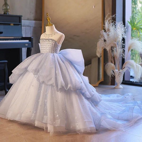 Mädchenkleider Ballkleid Blumenmädchen mit langer Schleppe Prinzessin schulterfrei Festzug Erstkommunion Kleid Echtes Bild