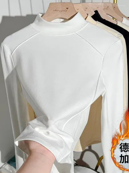 Damen-T-Shirts, 2024, Damen-Pullover, halber Rollkragenpullover, Herbst-Winter, langärmelig, schlank, koreanisches einfaches Basic, solide, elegante Tops, Vintage