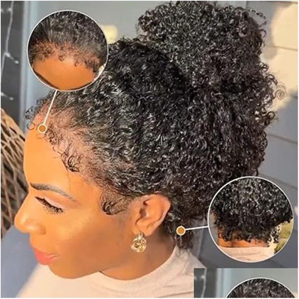 Dantelli peruklar 12a Kinky Kenarlar Ön İnsan Saç 4C Afro Kıvırcık Bebek 360 Frontal Peruk Glueless Önceden Kapanmış Gerçekçi saç çizgisi% 150 DROP D DHD3S