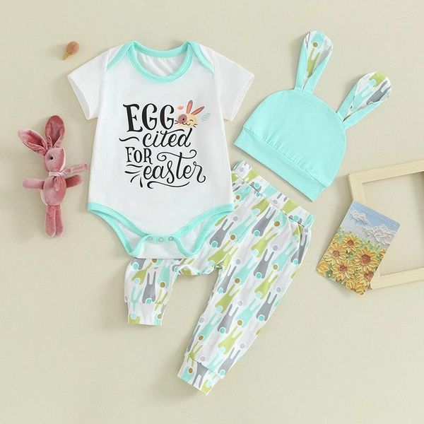 Kleidung Sets Baby Mädchen Ostern Outfit 3 stücke Sommer Kleidung Kurzarm Brief Bunny Print Strampler Hosen Hut