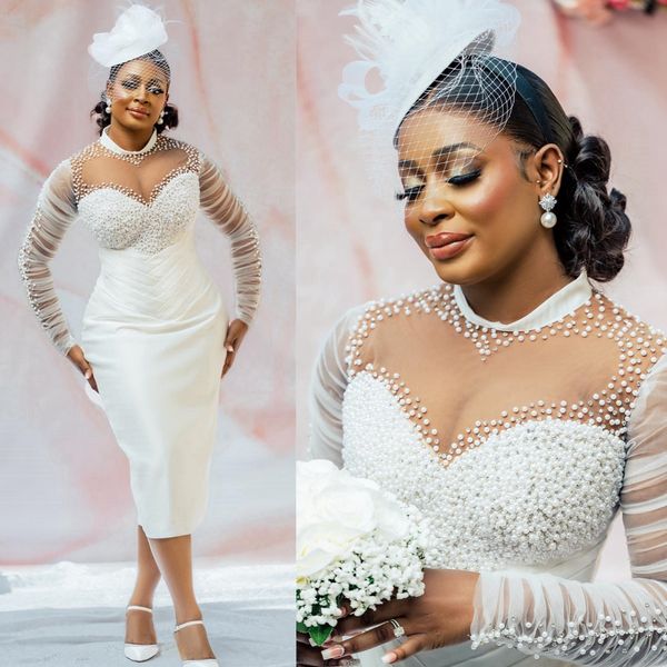 2024 vestido de casamento curto africano para noiva vestidos de noiva ilusão alta pescoço mangas compridas frisadas pérolas rendas vestido de casamento de cetim para mulheres negras nigerianas meninas d171