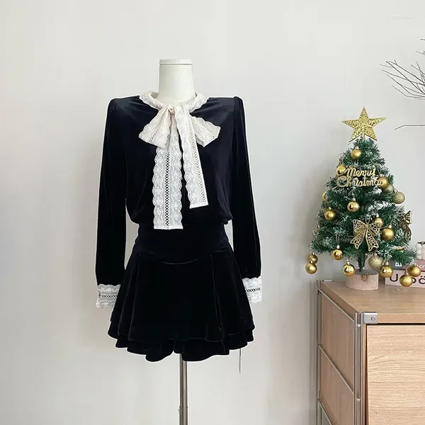 Vestidos de trabalho doce menina terno feminino outono preto veludo manga comprida com decote em v superior mini saia conjunto de duas peças moda roupas femininas