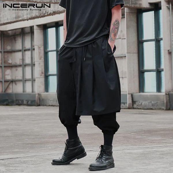 2023 модные брюки нестандартной формы INCERUN мужские однотонные шаровары в стиле панк мужские повседневные свободные брюки на шнурке