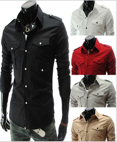 Neue Mode Herren039s Slim Baumwolle Multipocket Epaulette Langarmhemden passen stilvolles Hemd 5 Farben Größe M2XL 50171053771