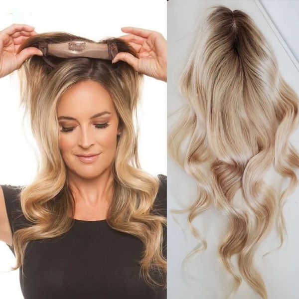 Toppers ombre Blonde 613 Topper Wave Virgin Blonde Remy Capelli umani Mono rete traspirante con clip in capelli Toupee per le donne personalizzate