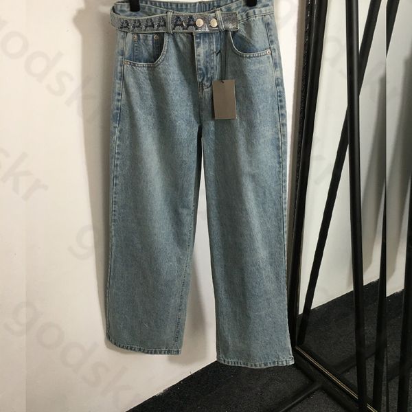 Broca carta jeans mulheres cintura alta cinto denim calças designer solto calças de perna larga simples bebê nlue