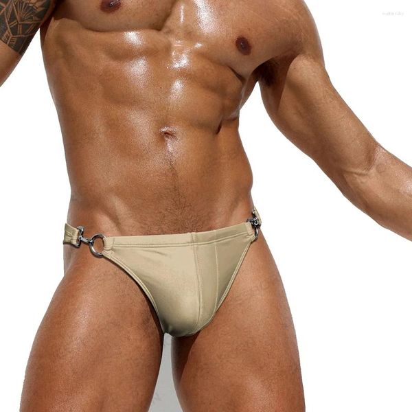 Roupa de banho masculina dois lados bloqueio de metal fenda lateral cintura baixa biquíni nadar briefs liberação rápida maiô masculino náilon esporte maiô