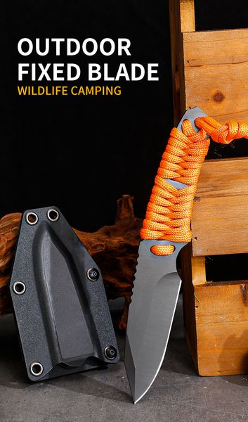 Acampamento ao ar livre sobrevivência selvagem lâmina fixa faca de caça 5cr15mov lâmina de aço amarrando corda alças combate tático facas de autodefesa