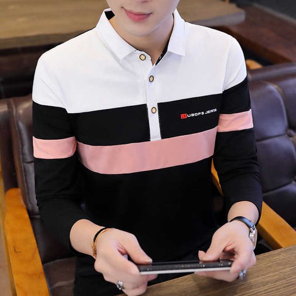 Осенняя мужская футболка с длинными рукавами, корейская версия, тонкая рубашка ПОЛО с лацканами, молодежная трендовая мужская одежда