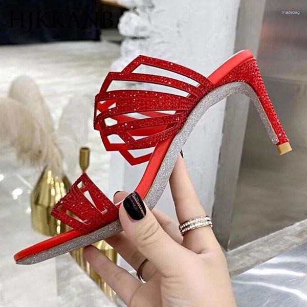 Шлепанцы, лето 2024, украшенные кристаллами, с открытым носком на высоком каблуке, женские сексуальные вечерние модельные туфли на полом блестящем каблуке