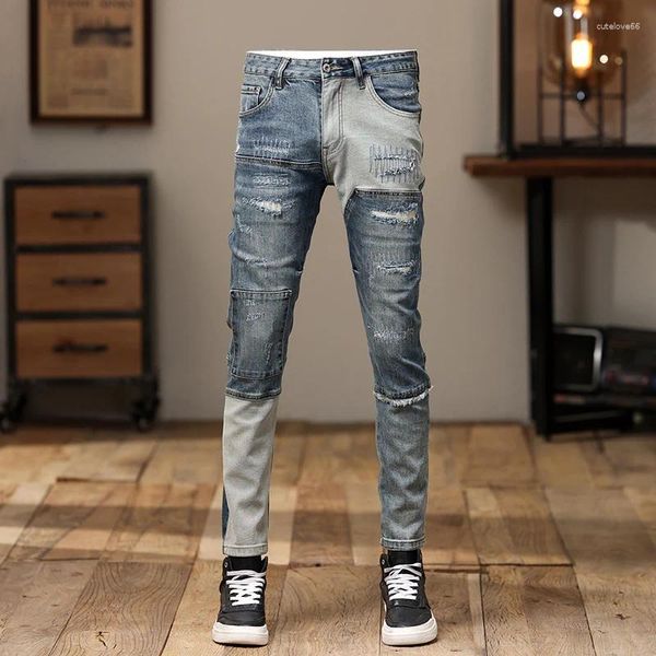 Jeans masculinos streetwear moda homens retro azul estiramento magro ajuste rasgado emendado designer remendado hip hop denim lápis calças