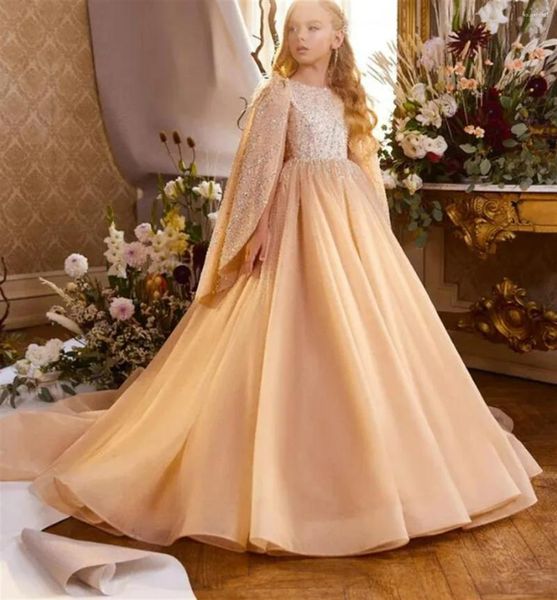 Платья для девочек, пышное тюлевое платье с кисточками, блестками и аппликацией, цветочным узором и бантом, элегантное свадебное платье для первого евхаристического дня рождения ребенка