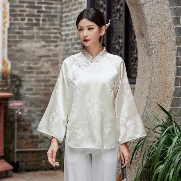 Roupas étnicas High-end Primavera Mulheres Jaqueta Top Estilo Chinês Bordado Trompete Mangas Elegante Senhora Acetato Hanfu Casaco Feminino S-XXL