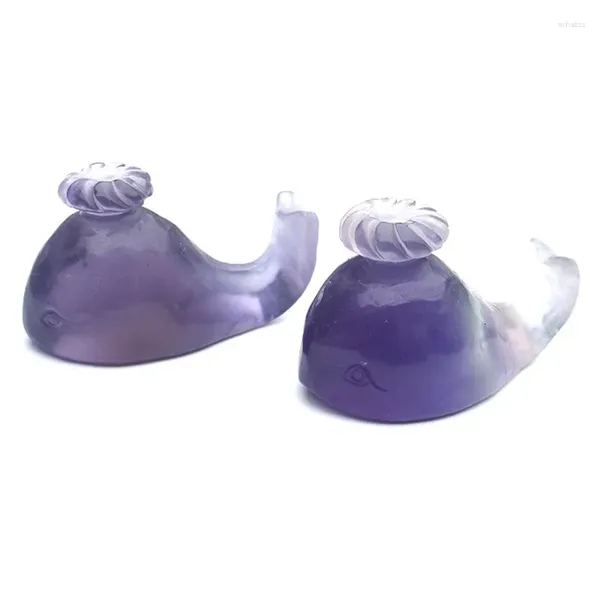 Estatuetas decorativas 1 peça artesanato de baleia de cristal fluorite roxo natural para decoração de casa