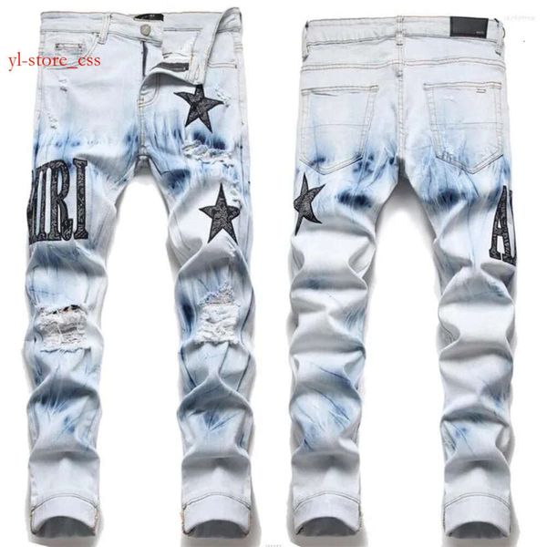 Europeu Designerstrend Jean Carta Estrela Jean Homens Bordados Patchwork Rasgado Jeans Tendência Marca Motocicleta Calça Mens Alta Qualidade Carta Estrela Padrão 6684