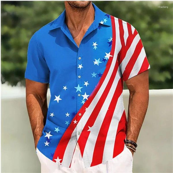 Camisas casuais masculinas 2024 bandeira americana impressão lapela camisa de manga curta ao ar livre streetwear moda designer macio oversized XS-5XL