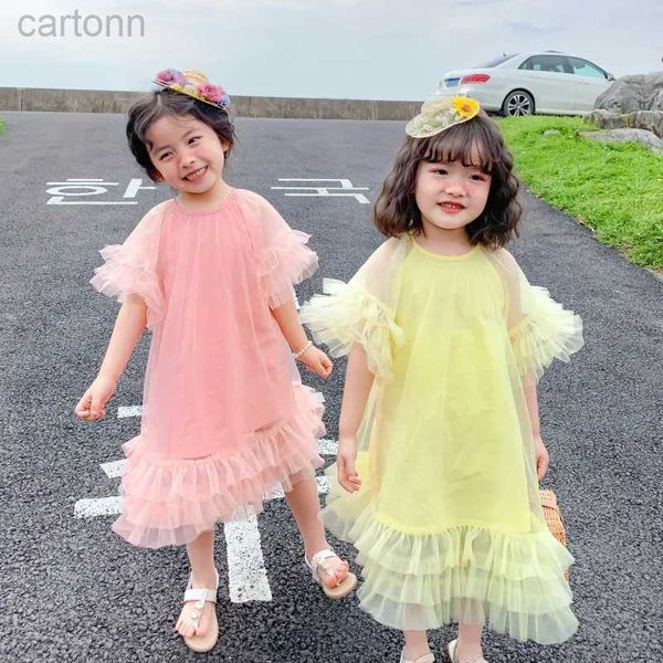Vestidos da menina 2024 verão coreano beleza menina vestido sheer hem manga crianças menina princesa vestido cor sólida bilayer bolha manga curta vestido de menina 24323
