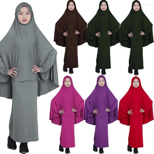 Roupas étnicas 2 Pçs / Set Abaya Muçulmano Crianças Meninas Vestidos Long Overhead Hijab Maxi Vestido Oração Islâmica Vestuário Turquia Khimar Ramadan