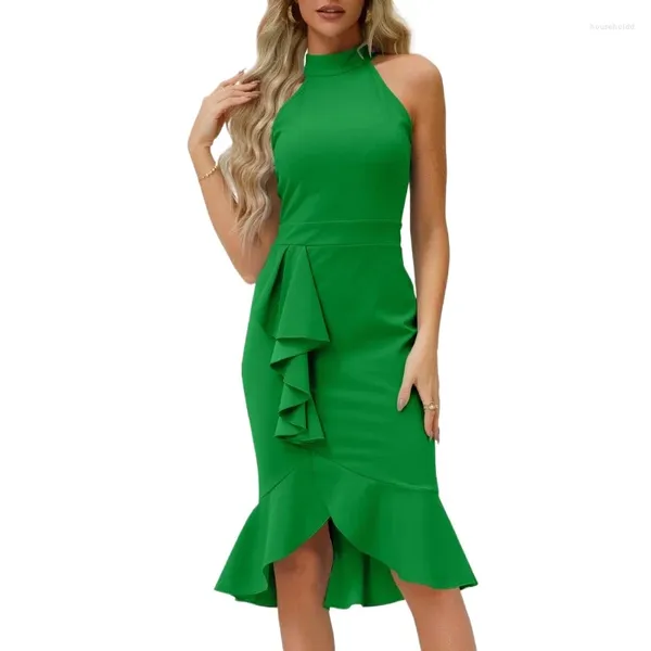 Freizeitkleider Sexy Gesäß Wickelkleid Retro Schlank ärmellos Damen Sommer Fit Stehkragen Rüschen Fischschwanz