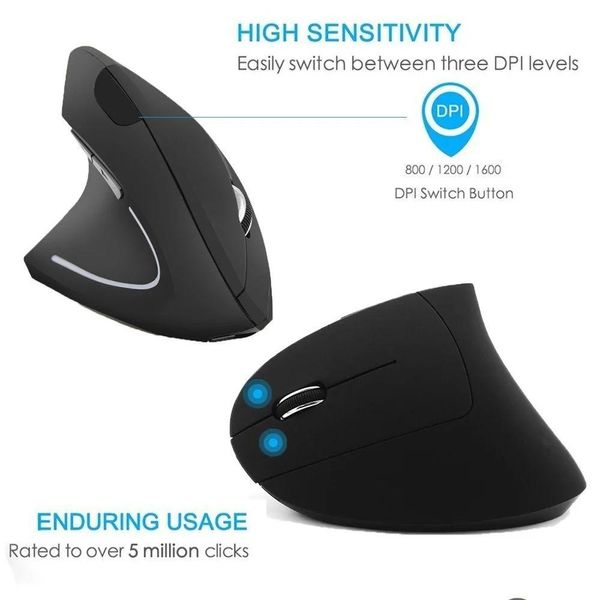 Mouse Mouse ergonomico verticale Wireless per mancini Ricaricabile USB ottico Computer Mause 2.4Ghz 6 pulsanti Led 3D Pc per laptop Drop D Otntx