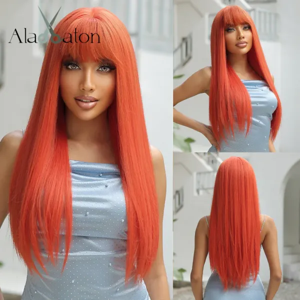 Perucas alan eaton laranja longa reta perucas sintéticas com franja colorido cosplay peruca de cabelo de halloween fibra de alta temperatura para mulher