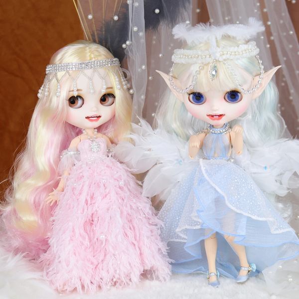 Buzlu DBS için Kıyafetler Blyth Bebekler Angel Prenses Prom Elbise Headdress Suit 16 BJD OB24 Anime Kız Bratz 240311