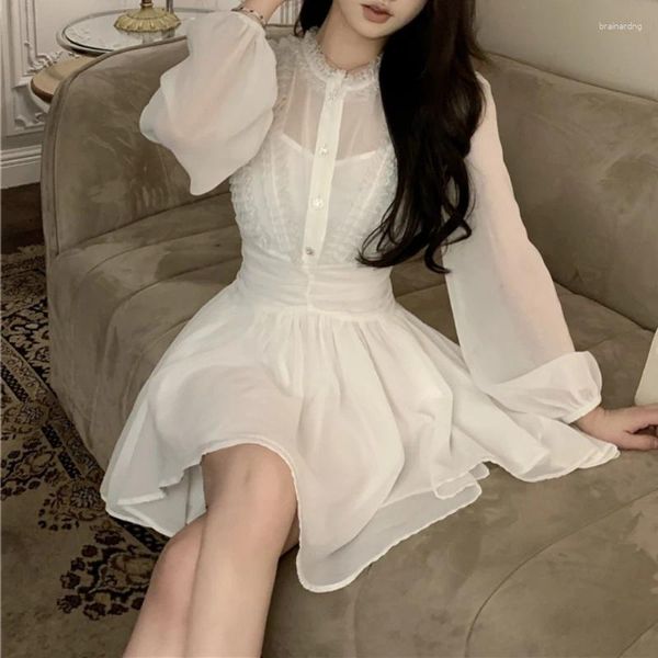 Casual Kleider 2024 Frühling Koreanische Gefaltete Feste Farbe Chiffon Langarm A-line Kleid Frauen Sexy Dünne Leibchen Zwei-stück anzug