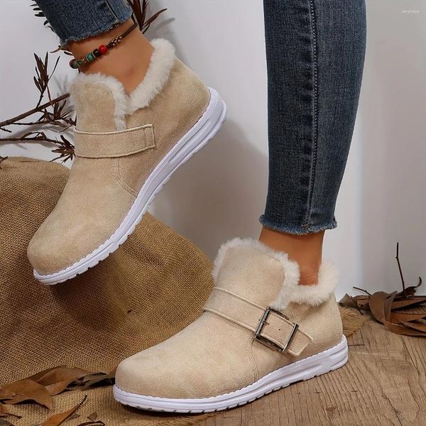 Sapatos casuais mocassins femininos de pelúcia forrado plano inverno quente fivela cinta deslizamento em botas de neve térmica suedette mid top