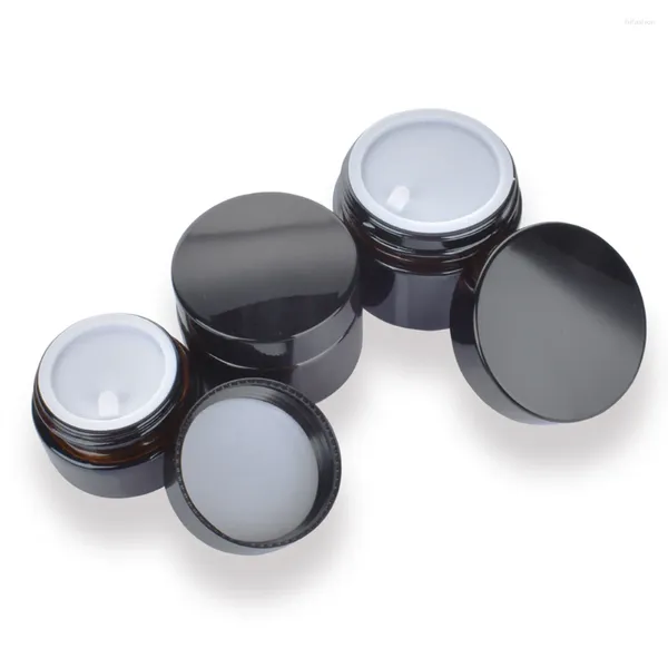 Bottiglie di stoccaggio 10 pezzi Tappo in PE nero/coperchio Barattolo di vetro ambrato/Bottiglia Viso/Crema per le mani Maschera Lozione Gel Polvere Vasi Contenitore di ricarica Cosmetico Cura della pelle