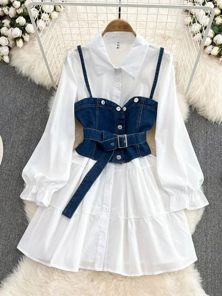 Primavera outono cowboy colete camisa vestido feminino elegante comprimento manga camisa branca vestido colete feminino conjunto de duas peças gd785 240315