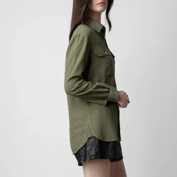 Camicette da donna Camicia casual verde militare in cotone ricamato con doppia tasca