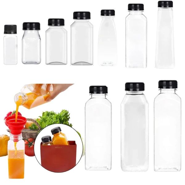 Garrafas 10pcs 60500ML Garrafas de plástico transparentes vazias com tampas Garrafa de água reutilizável Suco Smoothie Smoothie Containers com funil dobrável