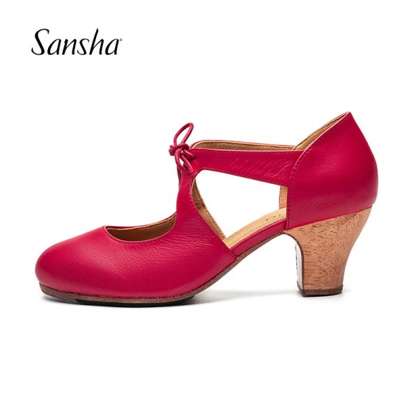 Botas Sansha Profissional Flamenco Charact Lace Up 6 cm de calcanhar médio para mulheres Ladies Black Red Pierced Dancing Shoes FL29L