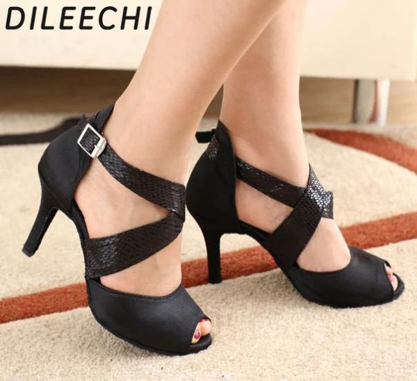 Schuhe Dileechi Marke Black Satin Schlangendruck PU Latin Dance Schuhe Frauen Spot Soft Außensohle Ballsaal Tanzschuhe Walzer Salsa Schuhe