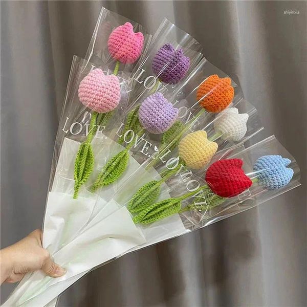 Bouquet di fiori intrecciati con fiori decorativi con sacchetto di imballaggio Simulazione artificiale lavorata a maglia Rosa girasole San Valentino e regalo della mamma