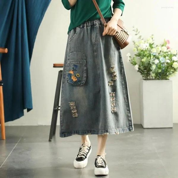 Юбки женские джинсовые весна лето Mori Girl стиль промытые отверстия отбеленные вышивка цветочный шлифовальный карман свободная женская юбка трапециевидной формы