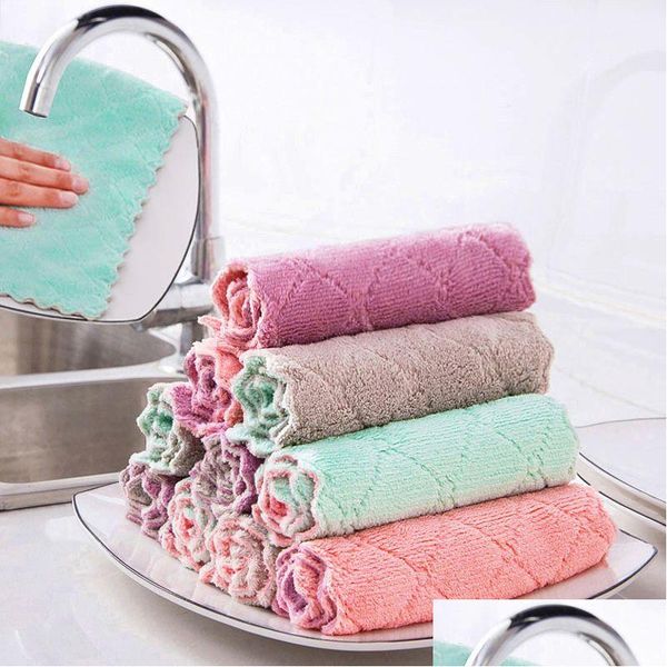 Esponjas Esfregões 5 Pcs Dupla Face Em Relevo Coral Fleece Toalhas de Prato Macio Absorvente Não Derramamento - Limpeza de Cozinha Perfeita Hz008 Ot8Bs