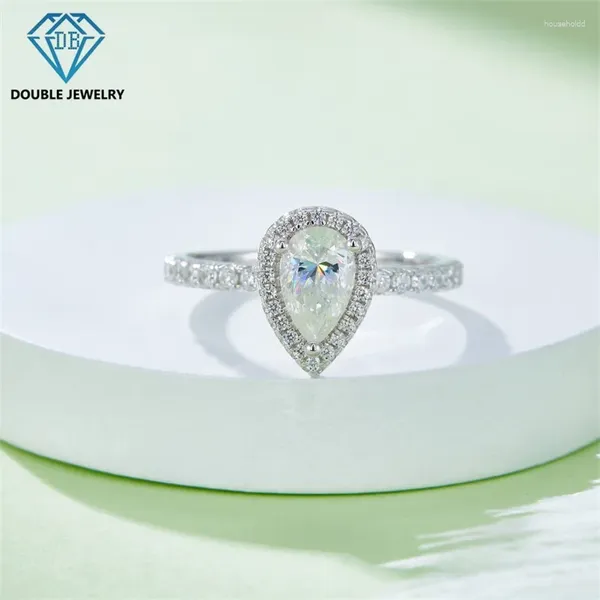 Anéis de cluster duplo jóias pêra moissanite anel de diamante para mulher casamento banda aniversário noivado s925 presente de prata esterlina