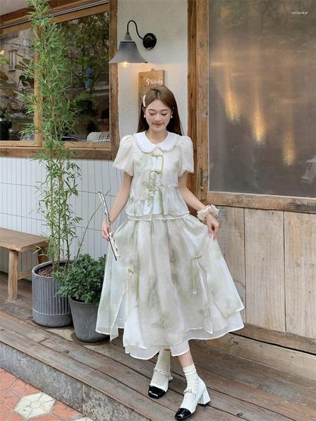Вечерние платья Тушь в китайском стиле, милая шифоновая юбка из двух частей с пуговицами, платье с высокой талией
