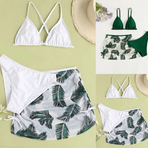 Mulheres Swimwear Crianças Criança Meninas 3 Peça Maiôs Terno de Banho Soild Bikini Top Cuecas Folha Impressão Saia Verão Beachwear Swim