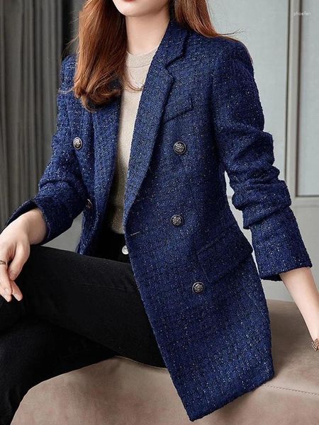 Ternos femininos grosso quente e longo casaco com botão casual manga elegante trespassado marinho inverno feminino tweed blazers