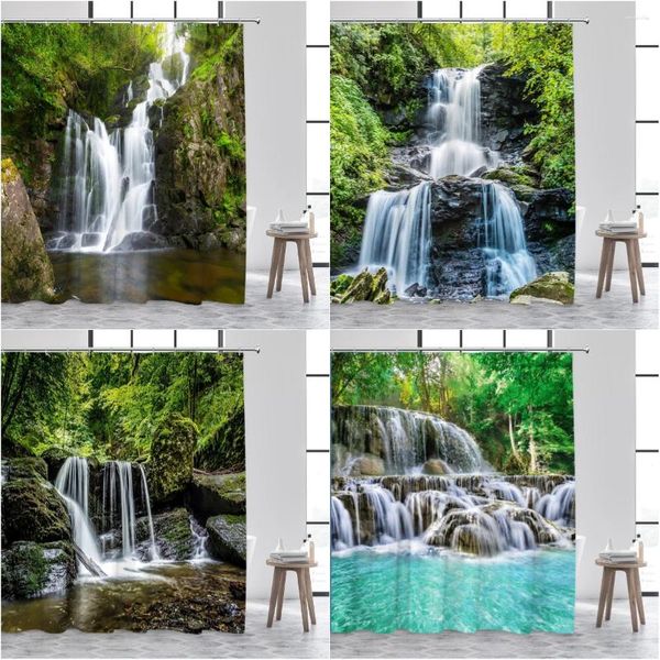 Tende da doccia Tenda foresta Foresta pluviale Natura Scenario Alberi Cascate Fiumi Giungla Profondità Stampa in poliestere Set di decorazioni per il bagno