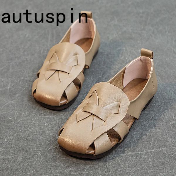 AUTUSPIN Sommer Damen Hohl Sandalen Weben Echtes Leder Frauen Freizeit Loafers Outdoor Retro Prägnante Bequeme Wohnungen Plus Größe 41 240321