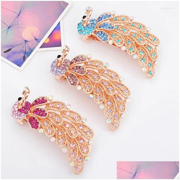 Fermagli per capelli Barrettes Moda Clip a molla in metallo Strass Fiore di pavone Forcina Copricapo per le donne Accessori per barrette di cristallo Goccia Othz6