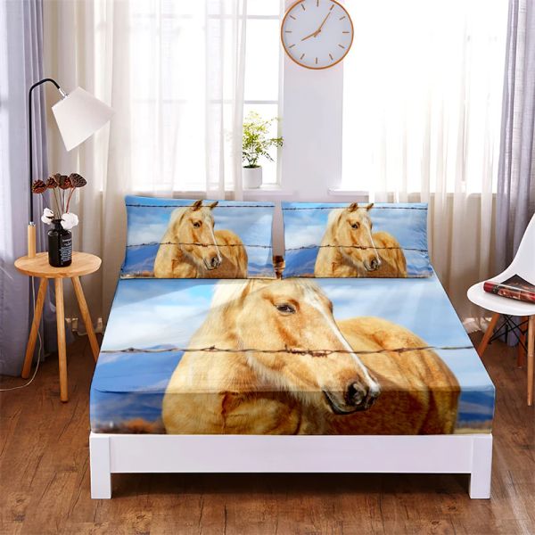 Setler Beautiful Horse 3pc Polyester Katı Tabaka Yatak Kapağı Elastik Bant Yatak Sayfası ile Dört Köşe (2 Yastık)
