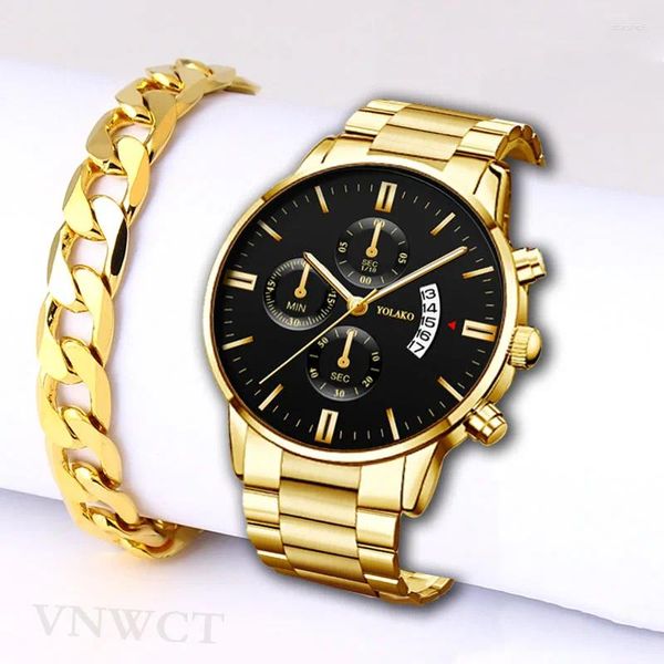 Armbanduhren Luxus Männer Stahl Goldene Uhr Kalender Quarz Armbanduhr Kette Armband Business Uhren Mann Uhr Für Relogio Masculino