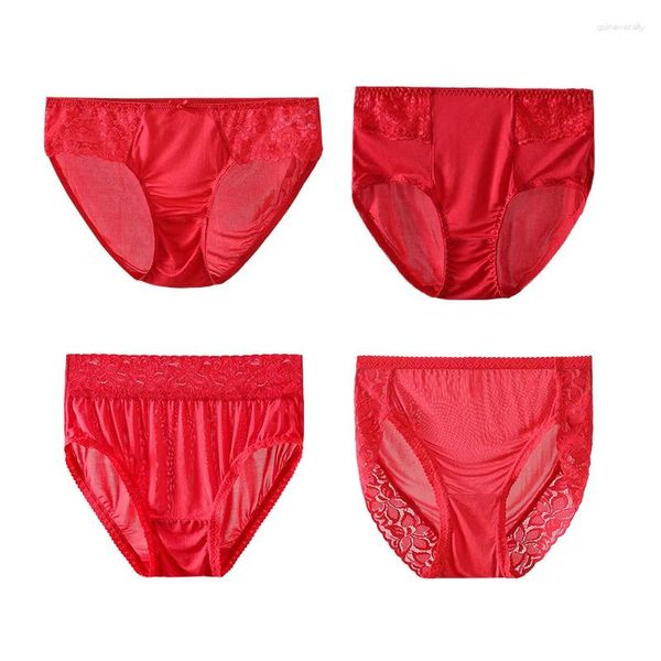 Calcinha feminina renda de seda genuína vermelho confortável médio cintura alta triângulo shorts e leggings